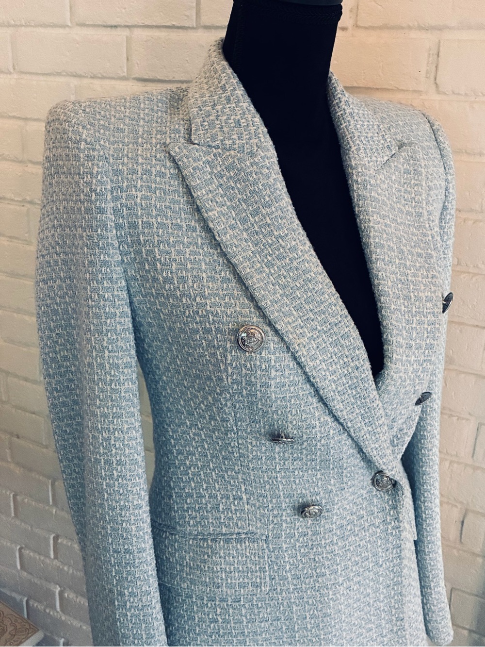 💙 ZARA Double-Breasted Tweed Blazer Jacket - Light Blue EUC XS - Picture 9 of 11